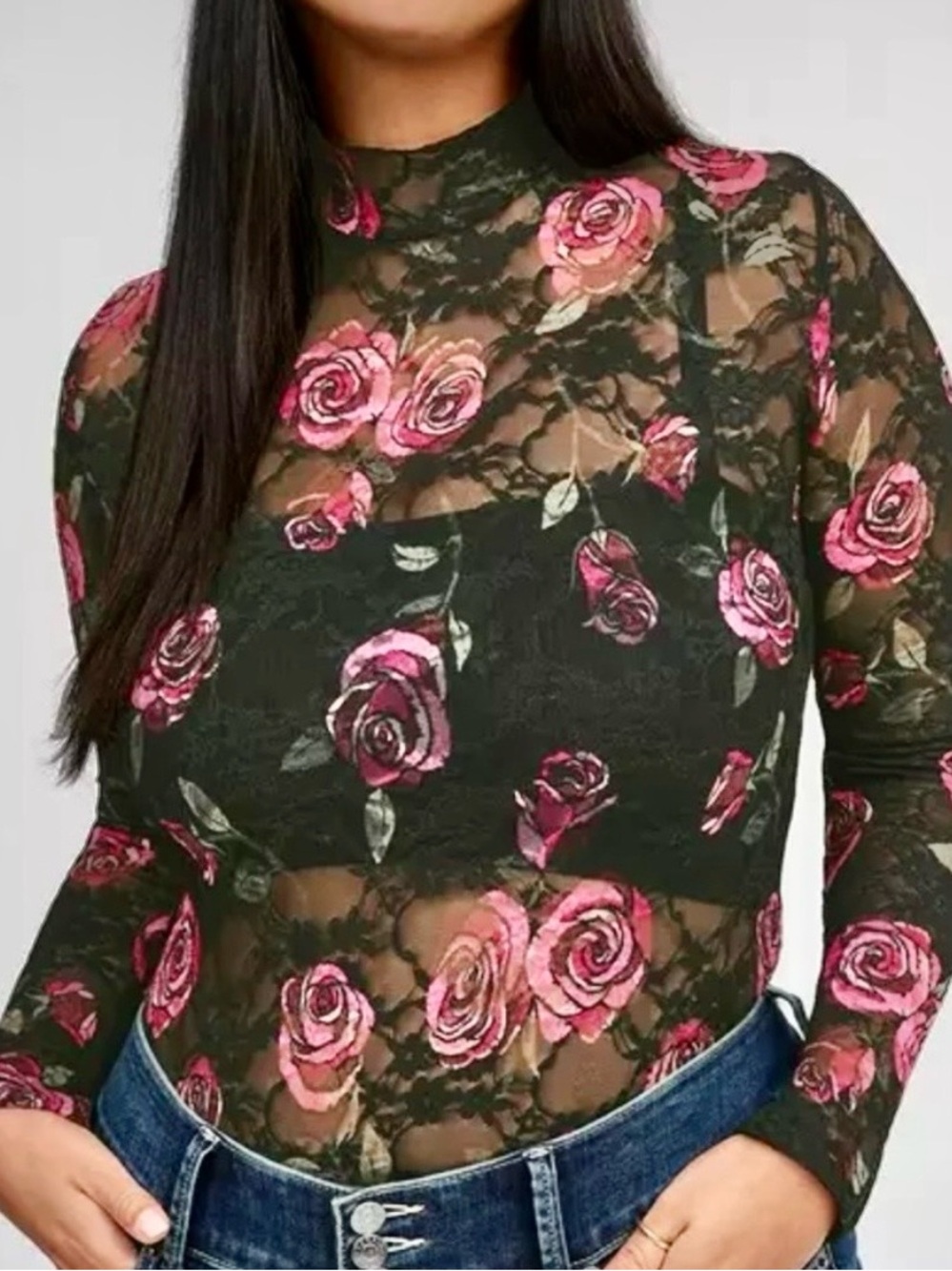 Torrid Sheer Stretch Lace Top Long Sleeve Black Floral Red Roses Plus Size 4X